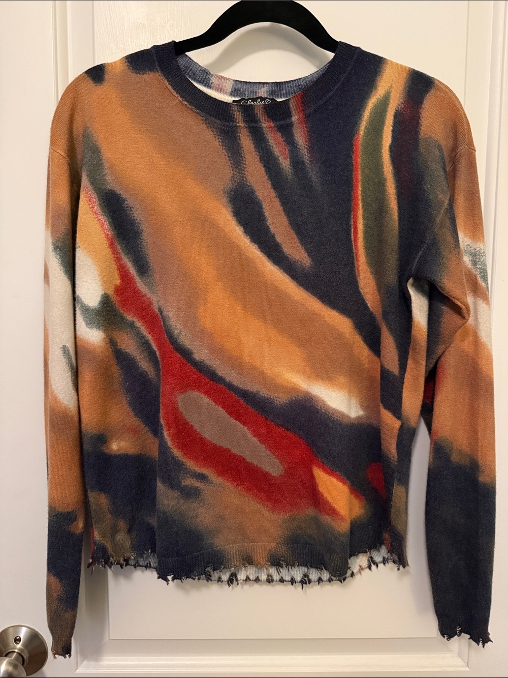 CHARLIE B Abstract Crewneck Sweater in Rust, Black, Red & Cream